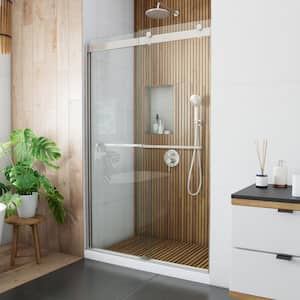 Sapphire 44 in. to 48 in. W x 76 in. H Sliding Semi-Frameless Shower Door in Brushed Nickel with Clear Glass