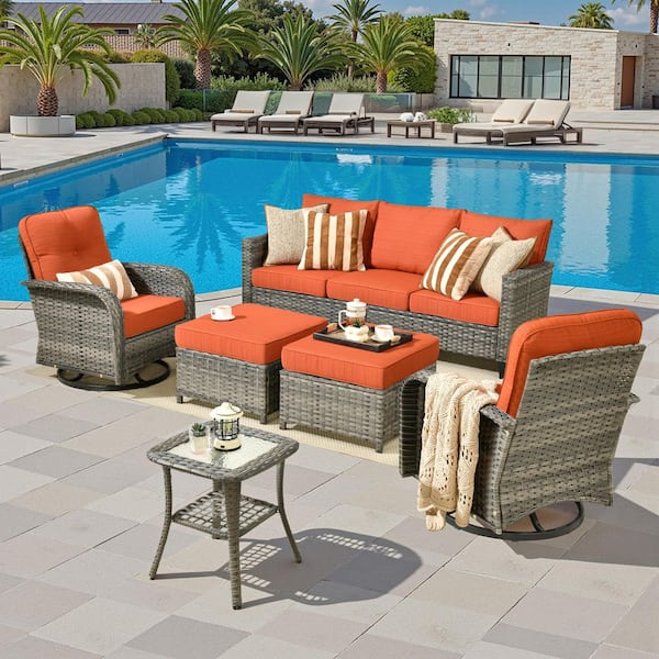 Elysia Gray 6-Piece Wicker Outdoor Sectional Patio Conversation Set with Orange Red Cushions Rocking Chairs & Ottomans
