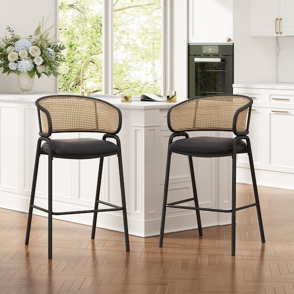 Tracy Mid-Century Modern 29.5 in. Black Faux Leather Upholstered Bar Stools with Rattan Back, Metal Legs (Set of 2)