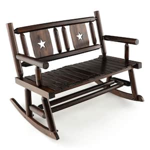 Carbonized Wood Outdoor Rocking Chair Double Rocking Chair for 2 Persons w/Wide Curved Seat