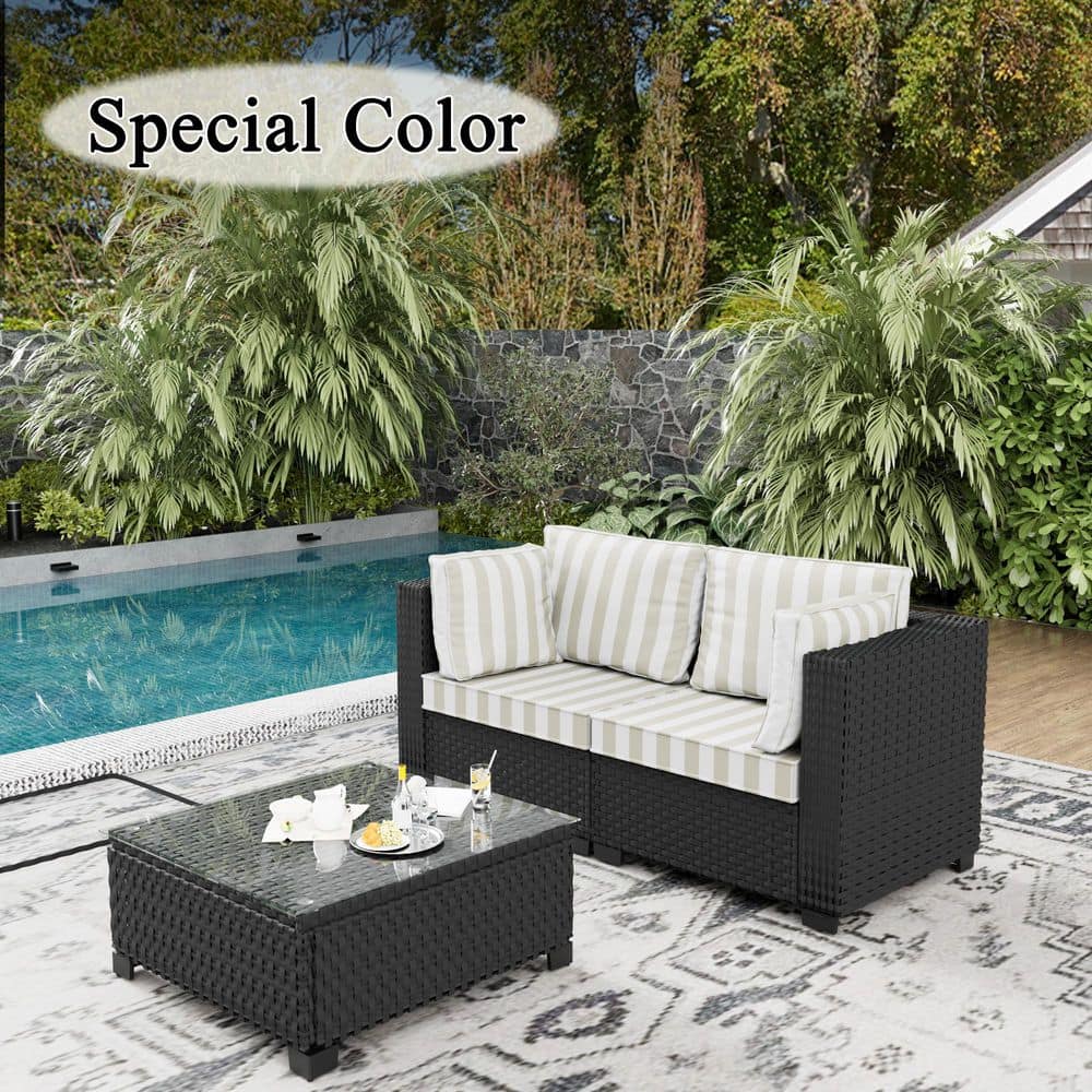 3-Piece Wicker Outdoor Patio Conversation Sofa Seating Set with Coffee Table, Striped Brown Cushions and Sofa Cover