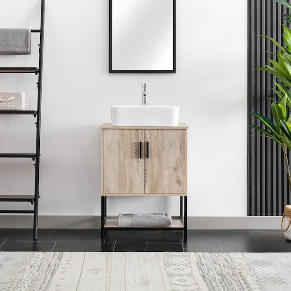 eclife 24 in. W x 20 in. D x 31.5 in. H Freestanding Bath Vanity in Oak with 1-Ceramic White Vessel Top with Chrome Faucet