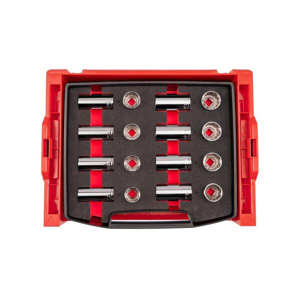 1/2 Inch Drive Shallow and Deep 12-Point Socket Set with Open Top Drawer and Rack, 16-Piece (25-32 mm)