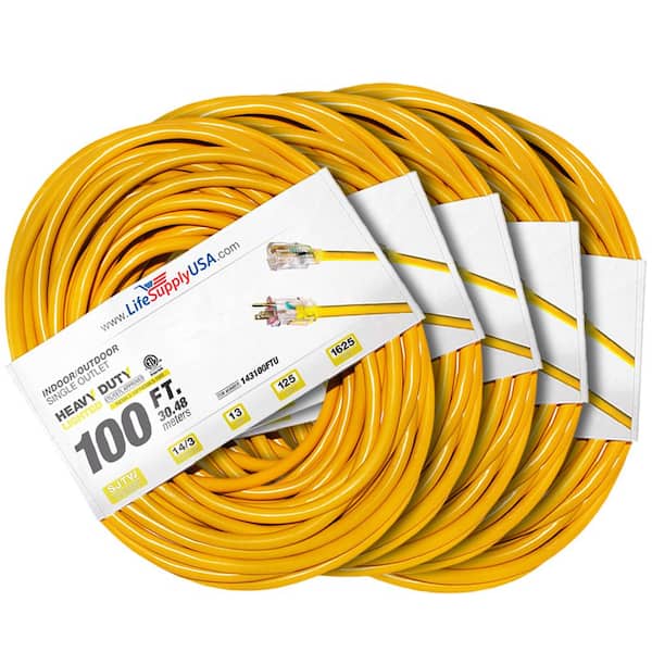 LifeSupplyUSA 100 ft. 14-Gauge/3-Conductors SJTW 13 Amp Indoor/Outdoor Extension Cord with Lighted End Yellow (5-Pack)