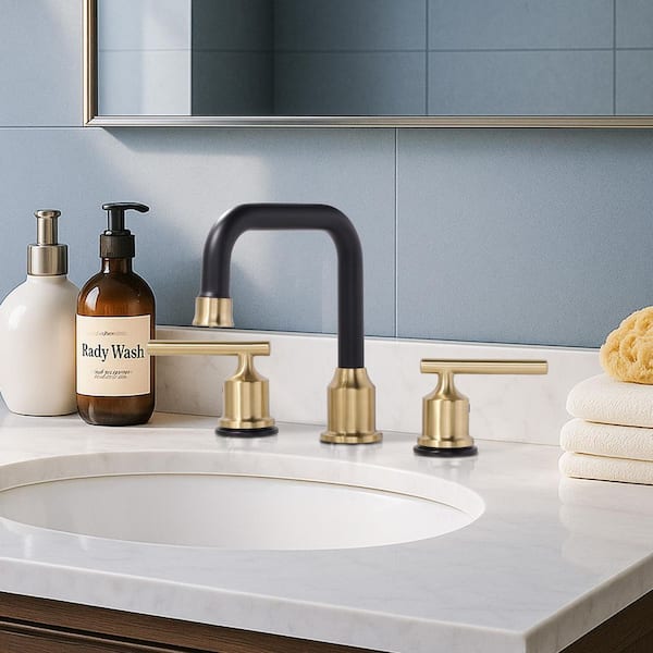 8 in. Widespread 2-Handle Bathroom Faucet with Pop Up Drain, 3 Hole Bathroom Sink Lavatory Faucet in Gold&Black
