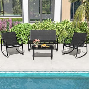 4-Piece Metal Patio Conversation Rocking Set with Glass-Top Table