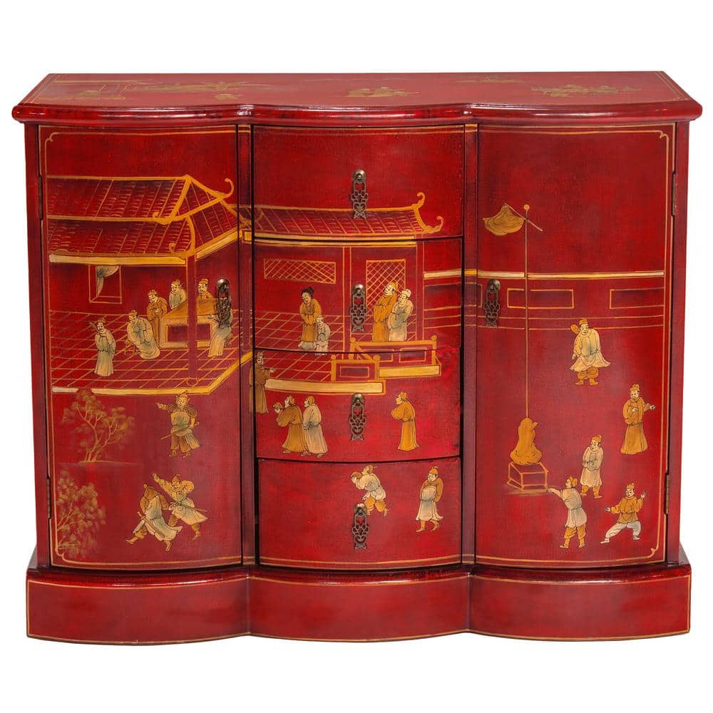 Hand-Painted Red and Gold Lacquer Wood Accent Cabinet