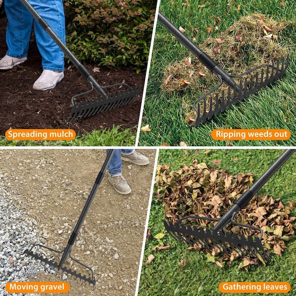 77 in. Long Handle Metal Bow Rake, 17 in. Wide Heavy Duty Garden Landscaping Rake for Soil, Leaves, Rocks and Mulch