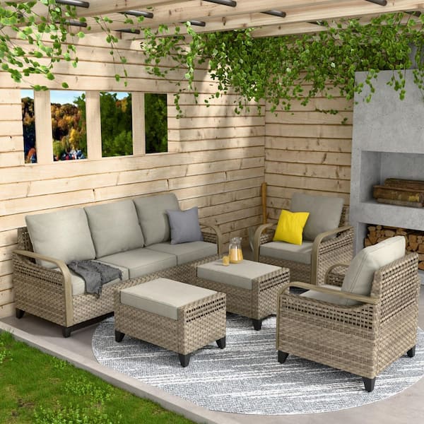 COOS BAY 5-Piece Brown Wicker Outdoor Furniture Set Patio Conversation Seating Set with Gray Cushions and 2 Ottomans