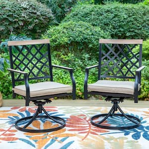 Black Metal Concise Patio Outdoor Dining Swivel Chair with Beige Cushion (2-Pack)