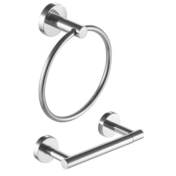 BWE 2-Piece Bath Hardware Set with Towel Ring Toilet Paper Holder Adjustable TP Large Mega Roll Holder in Polished Chrome
