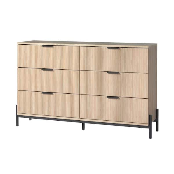 Reeded Mid-Century Modern Coastal Oak 6-Drawer 58 in. W Dresser