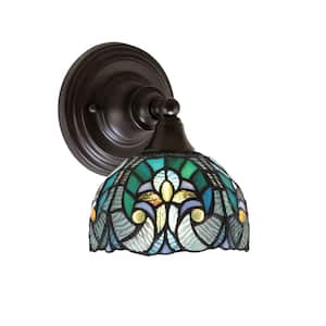 Fulton 1-Light Espresso Wall Sconce, 7 in. Turquoise Cypress Art Glass