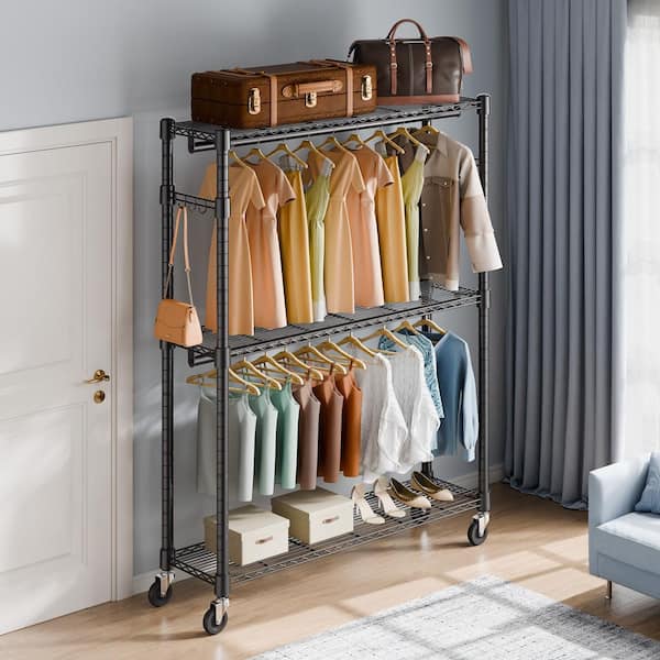 Heavy Duty Clothes Rack, Rolling Clothing Garment Rack with 3-Storage Tiers, 2-Rods, 2-Pairs Side Hooks, 400 lbs. Black