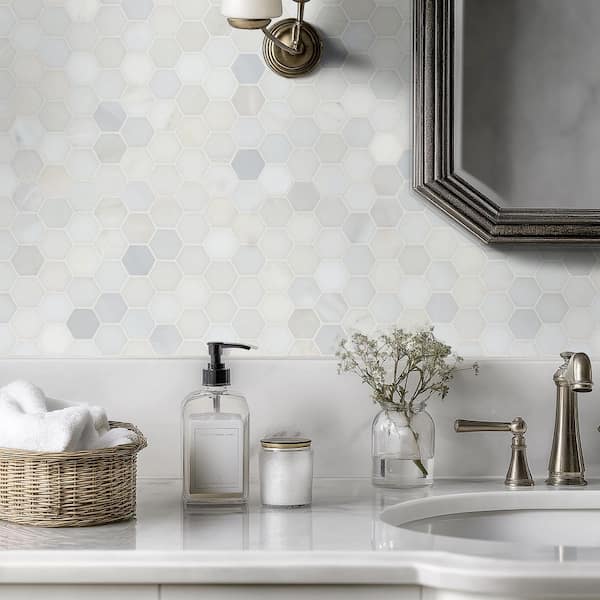 Greecian White Hexagon 12 in. x 11.75 in. Polished Marble Mesh-Mounted Mosaic Floor and Wall Tile (9.8 sq. ft. / case)