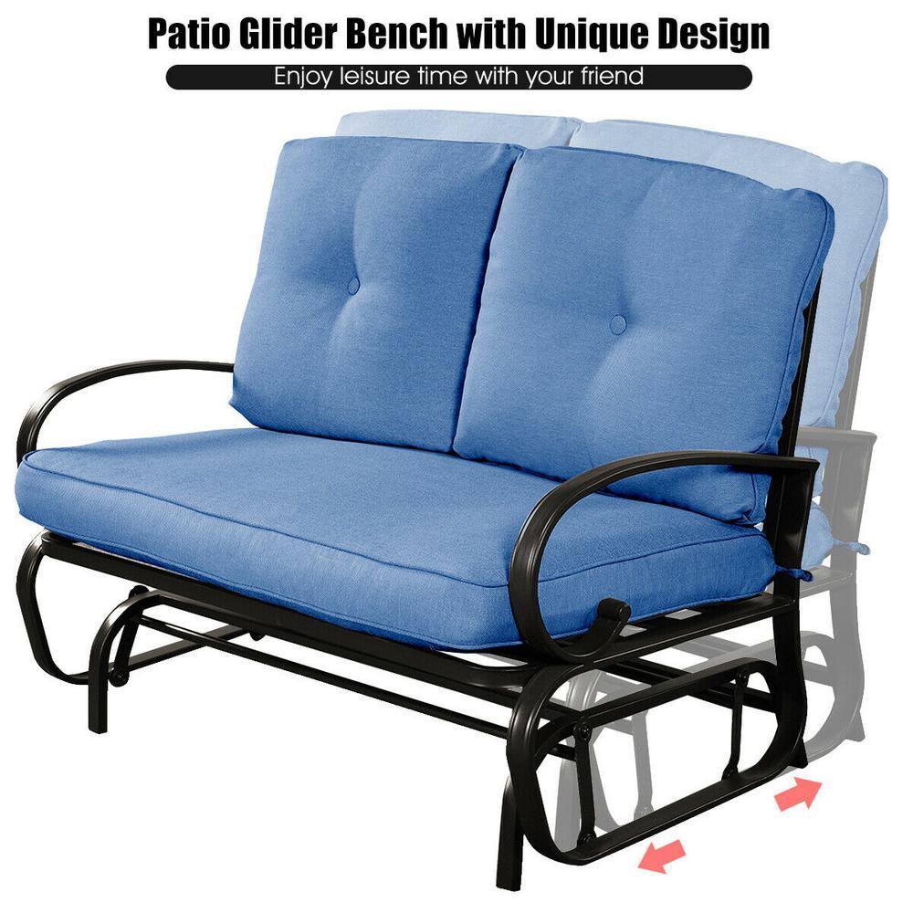Blue Steel Outdoor Patio Rocking Bench Loveseat with Cushions