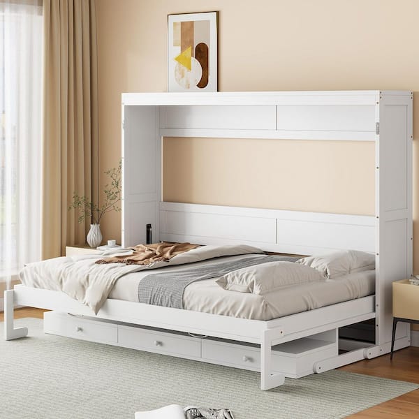 White Wood Frame Queen Size Murphy Bed with Storage,vanity Desk