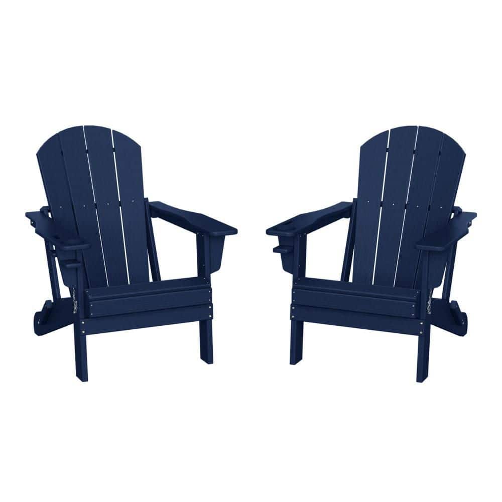 Alvaro Navy Blue Outdoor Patio Weather Proof HDPE Plastic Folding Adirondack Chair with Cup Holder, Set of 2 price history on PriceWatchPro