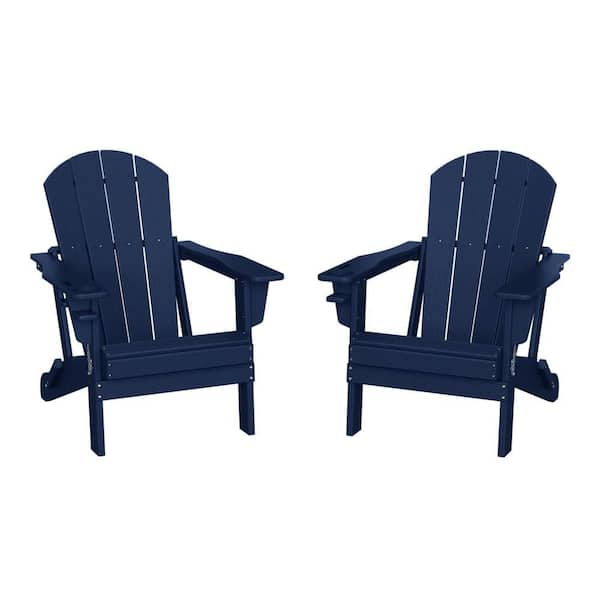 WESTIN OUTDOOR Alvaro Navy Blue Outdoor Patio Weather Proof HDPE Plastic Folding Adirondack Chair with Cup Holder, Set of 2