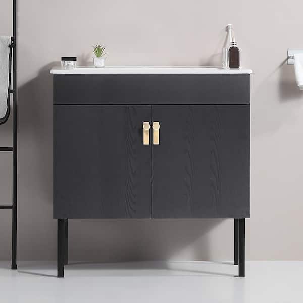 Staykiwi 30 in. W x 18 in. D x 22.8 in. H Freestanding Bath Vanity in Black with White Ceramic Basin Top