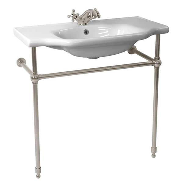 Nameeks Yeni Klasik Ceramic Console Bathroom Sink in White with Satin Nickel Stand