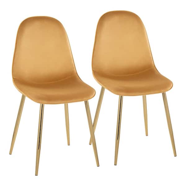 Lumisource Pebble Yellow Velvet and Gold Steel Side Dining Chair (Set of 2)