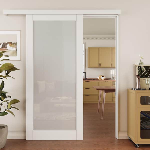 EH PUERTA 36 in. x 96 in. Hidden Track Style 1 Lite Frosted Glass White Primed MDF Sliding Barn Door with Hardware Kit
