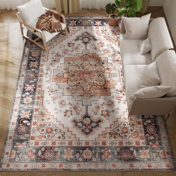 Area Rug 8x10 Washable rug, Distressed Floral Print Mat for Living Room, Bedroom, Dining Room, Tawny Brown