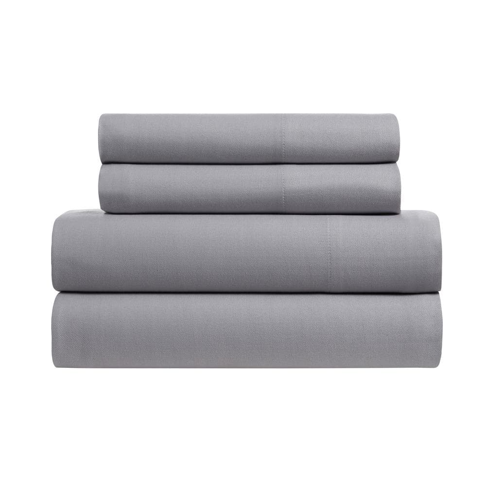 Kathy Ireland Herringbone Twill 4-Piece Light Grey Cotton Blend King ...