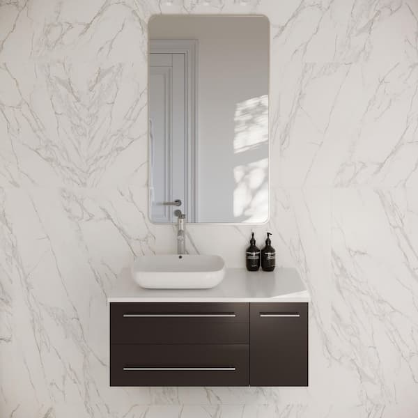 Lucera 36 in. Single Sink Wall Mount Espresso Bath Vanity with White Quartz Top and Vessel Sink - Left Version