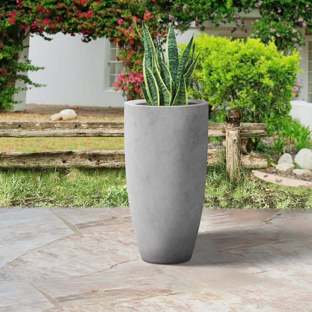 Tall Gray Concrete Indoor/Outdoor Planter with Drainage Holes