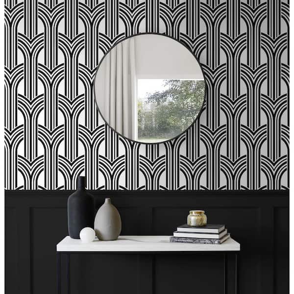 31.35 sq. ft. Ebony and Lace Geometric Arches Vinyl Peel and Stick Wallpaper Roll