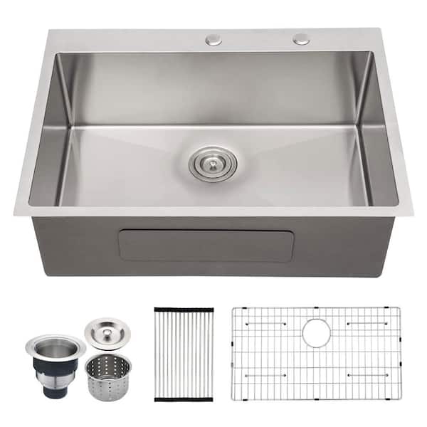 Stainless Steel 30 in 2-Hole Single Bowl Drop-In Kitchen Sink with Bottom Grid and Basket Strainer