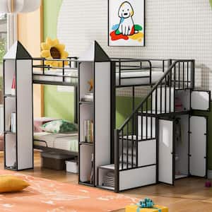 Castle Style Black and White Twin over Twin Metal Bunk Bed with Storage Staircases, Wardrobe, Multiple Shelves
