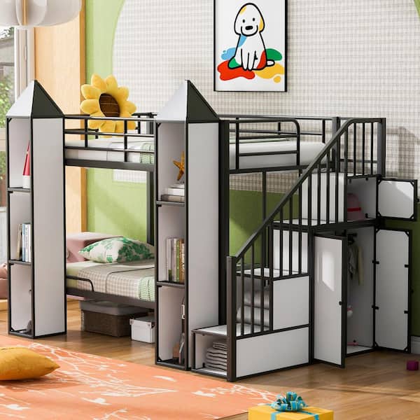 Harper & Bright Designs Castle Style Black and White Twin over Twin Metal Bunk Bed with Storage Staircases, Wardrobe, Multiple Shelves