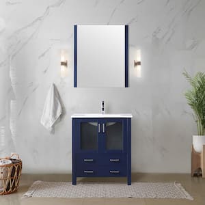 Volez 30 in W x 18 in D Navy Blue Bath Vanity, Integrated Ceramic Top and 28 in Mirror