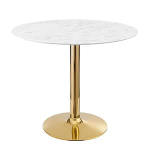 Verne 35 in. Round Artificial Marble Dining Table White Wood Top with Gold Metal Base