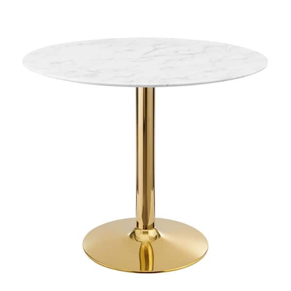 MODWAY Verne 35 in. Round Artificial Marble Dining Table White Wood Top with Gold Metal Base