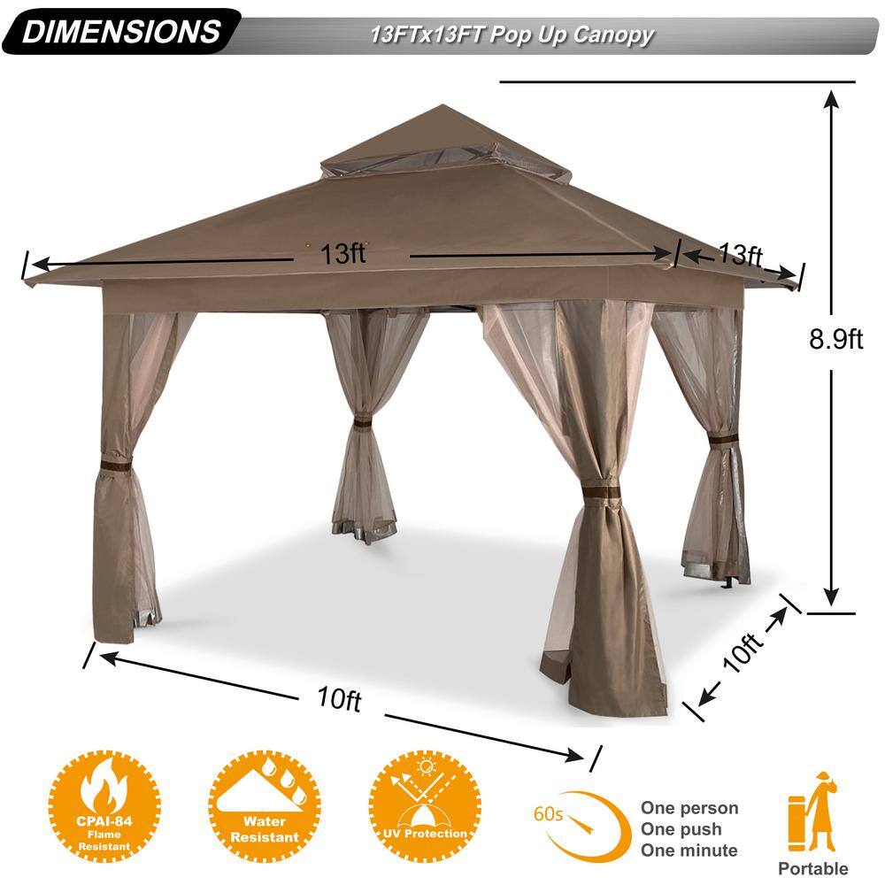 Brown 13' x 13' Outdoor Gazebo Tent with Mosquito Netting
