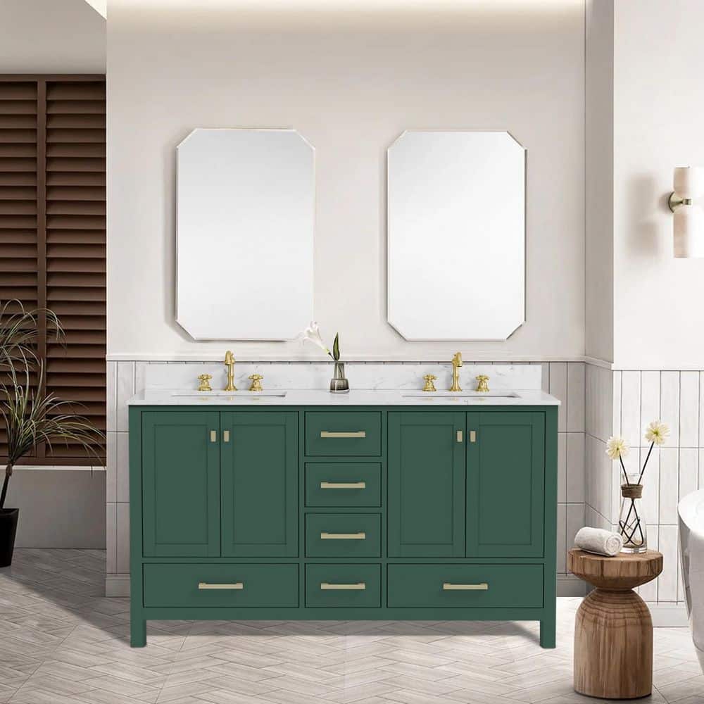 60 in. W x 22 in. D x 39 in. H Double Sink Freestanding Bath Vanity in Green with White Marble Top price history on PriceWatchPro