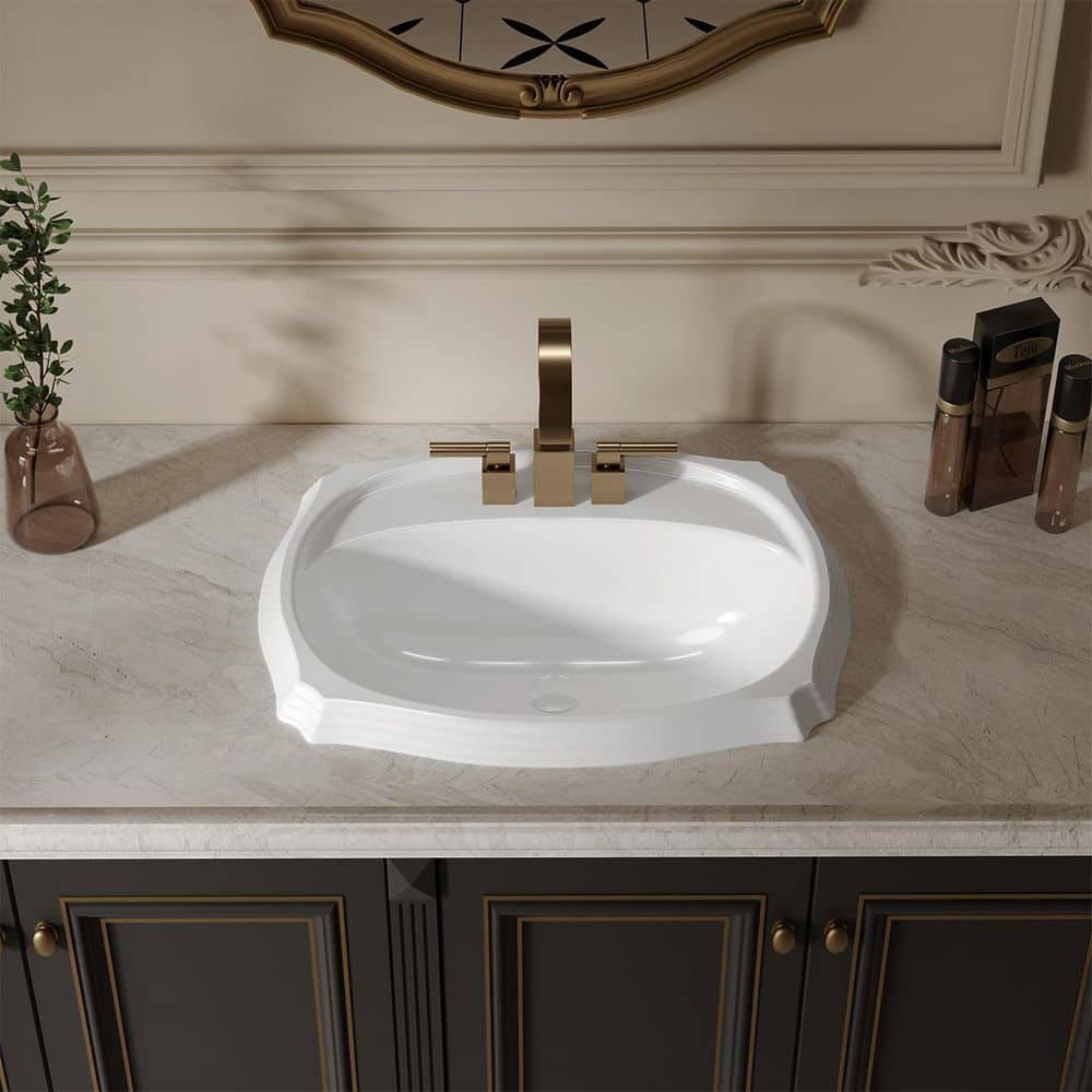 UNIKE Ridgefield 22 in. Drop-in Ceramic Bathroom Sink in White with Overflow and 4 in. Faucet ...