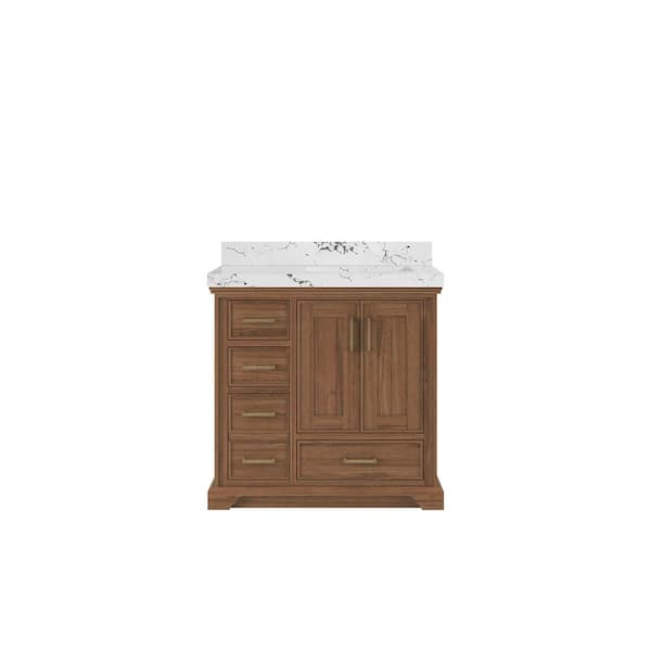 Willow Collections Charlotte Teak 36 in. W x 22 in. D x 36 in. H Right Offset Sink Bath Vanity in Dark Natural with 2 in. Viola Night Top