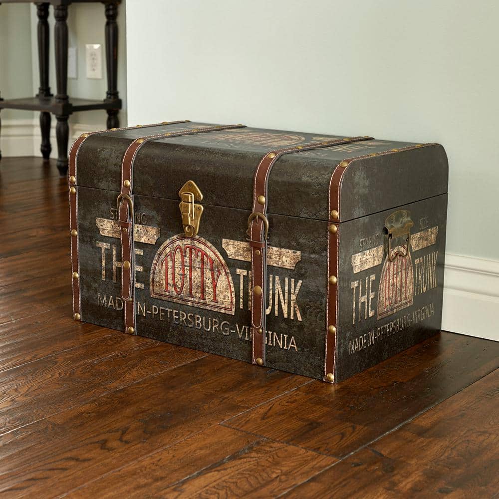 Large Vintage Brown Distressed Storage Trunk with Brass Accents