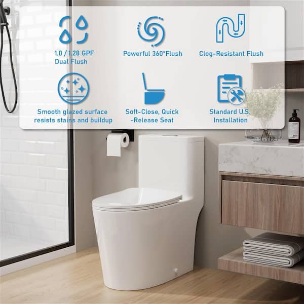 1-Piece 1.0/1.28 GPF High Efficiency Dual Flush Elongated ADA Chair Height Toilet in Gloss White Soft-Close Seat