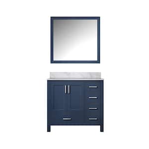 Jacques 36 in. W x 22 in. D Left Offset Navy Blue Bath Vanity, Carrara Marble Top, and 34 in. Mirror