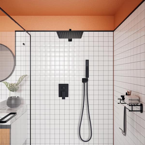 Single-Handle 2-Spray Square High Pressure 12 in. Shower Head with Hand Shower Faucet in Matte Black (Valve Included)