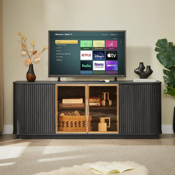 Seafuloy 64 in. Black Wavy TV Stand with LED Lights-Aluminum Door
