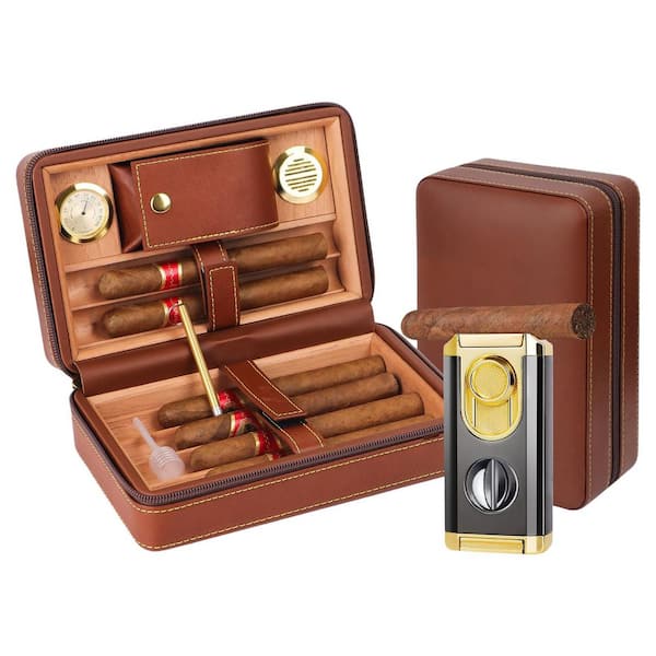 8.34 in. W x 3.47 in. H Brown PU Leather Spanish Cedar Wood Travel Cigar Humidor with Lighter, Cutter and Accessories