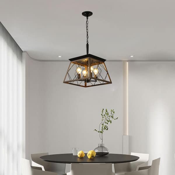 4-Light Walnut+Black Pendant-Adjustable Height, Metal Lighting Fixture with E26 Bulb Compatibility