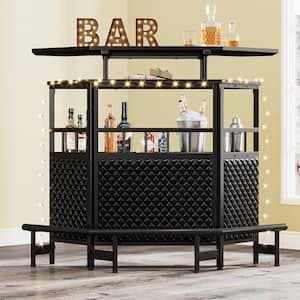 Kearsten Black 47.24 in. W Curved Home Bar Unit, Liquor Bar Table with Stemware Racks, Glasses Holder and 4-Tier Shelves